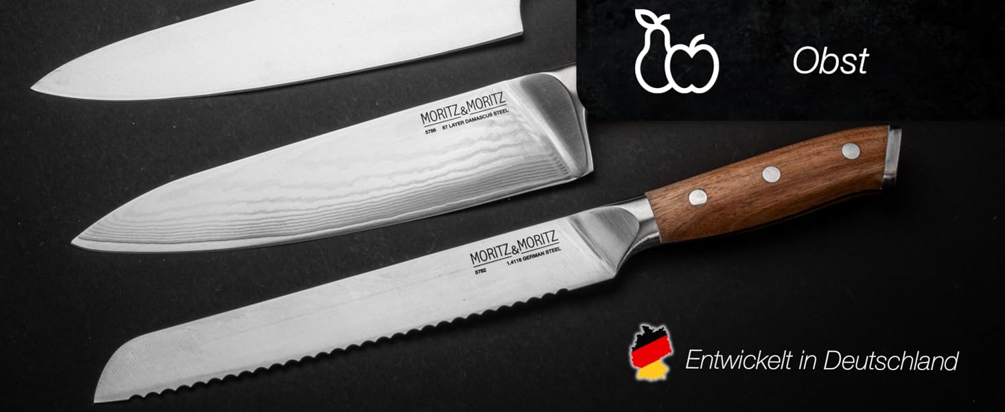 Професійний кухонний ніж Moritz & Moritz 20 см з дамаської сталі 67 шарів - ніж шеф-кухаря з ергономічною ручкою з акації