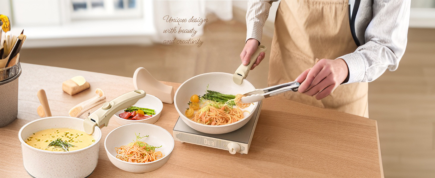 17-ти частинний набір каструль з знімним ручками: Набір посуду Induktion з антипригарним покриттям для всіх типів плит, придатний для миття в посудомийній машині (молочний білий)