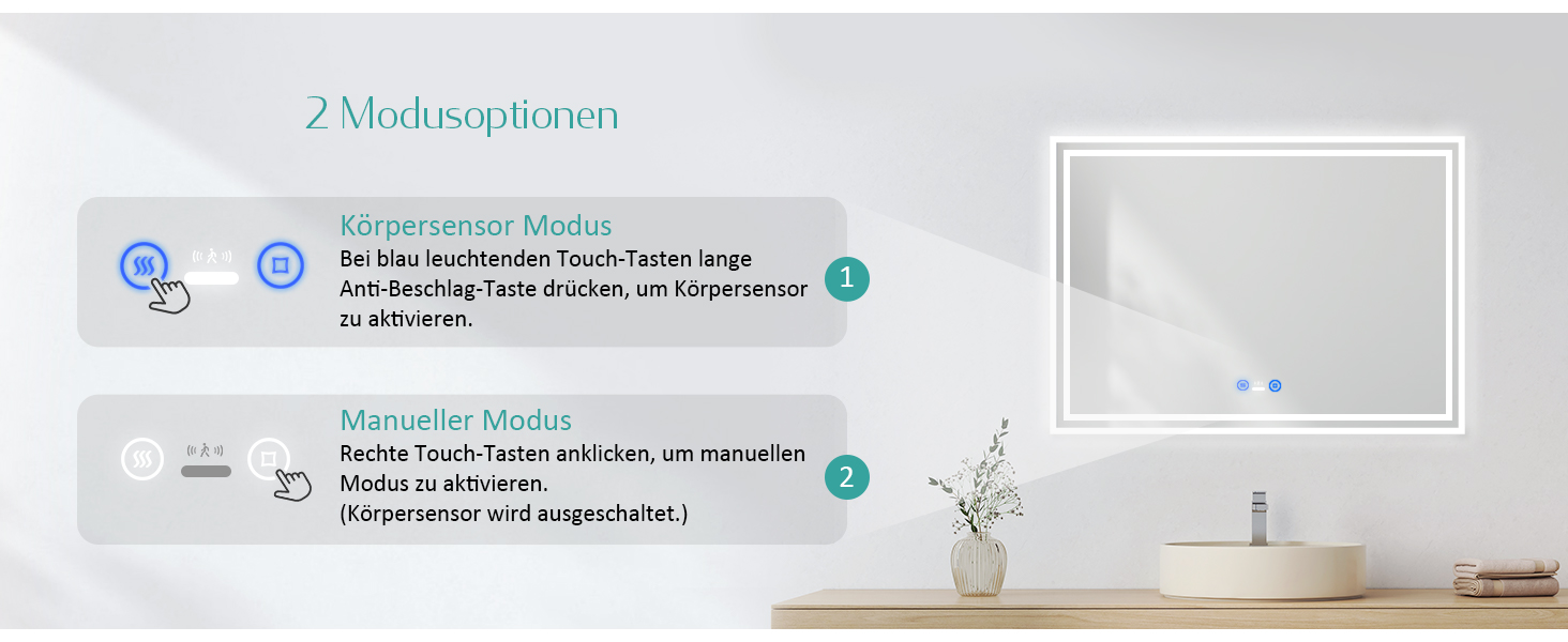 Дзеркало для ванної кімнати EMKE з підсвічуванням 80x60 см, LED, з датчиком руху, сенсорне, проти запотівання, 3 кольори світла, регулювання яскравості, таймер 1 год, IP44, енергозберігаюче