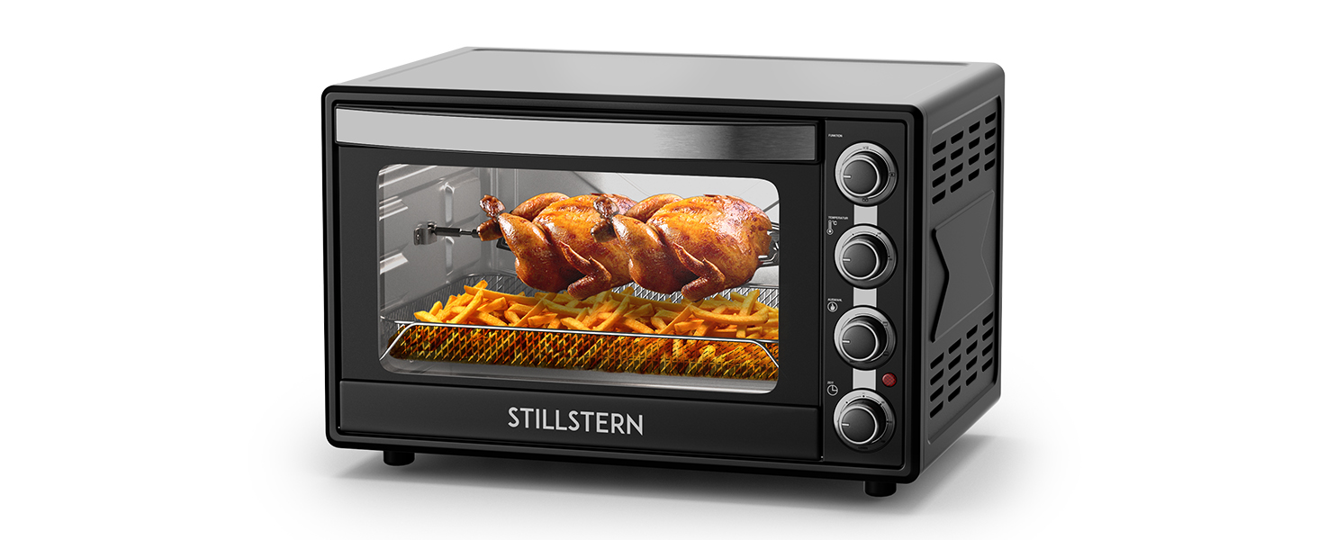 Міні-піч Stillstern CYCLONE PRO+ 60л з конвекцією: піч, гриль, тостер, піцца, для кемпінгу. Антипригарне покриття, Airfryer, рецепти, рожніца, 2200W