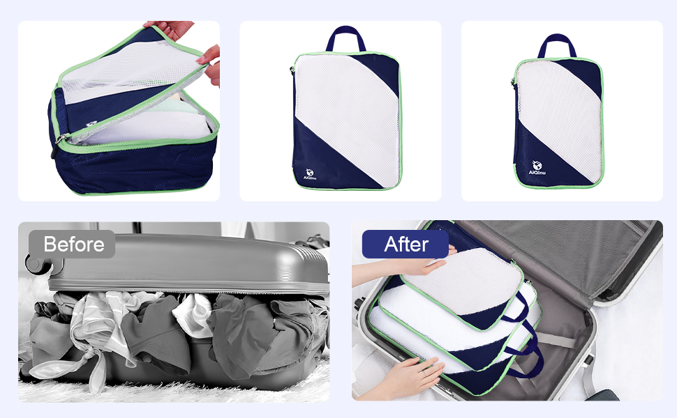Набір компресійних органайзерів для одягу AiQInu (5 шт), ультралегкі сумки для пакування в подорожі з мішком для взуття та білизни, темно-синій