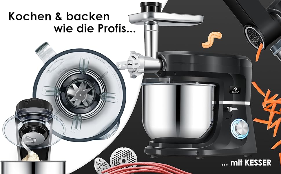 Кухонна машина KESSER 3 в 1 KM 3000 з м'ясорубкою, планетарний міксер, 5.5л чаша, набір насадок, для пасти та випічки, чорний