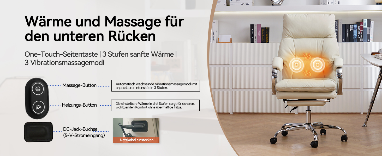 Крісло офісне EMIAH з підніжкою, комфортне крісло для роботи з підлокітниками, ергономічний крісло для начальника з PU шкіри та роликами, ігрове крісло з потовщеною подушкою, без функції масажу (Бежевий)