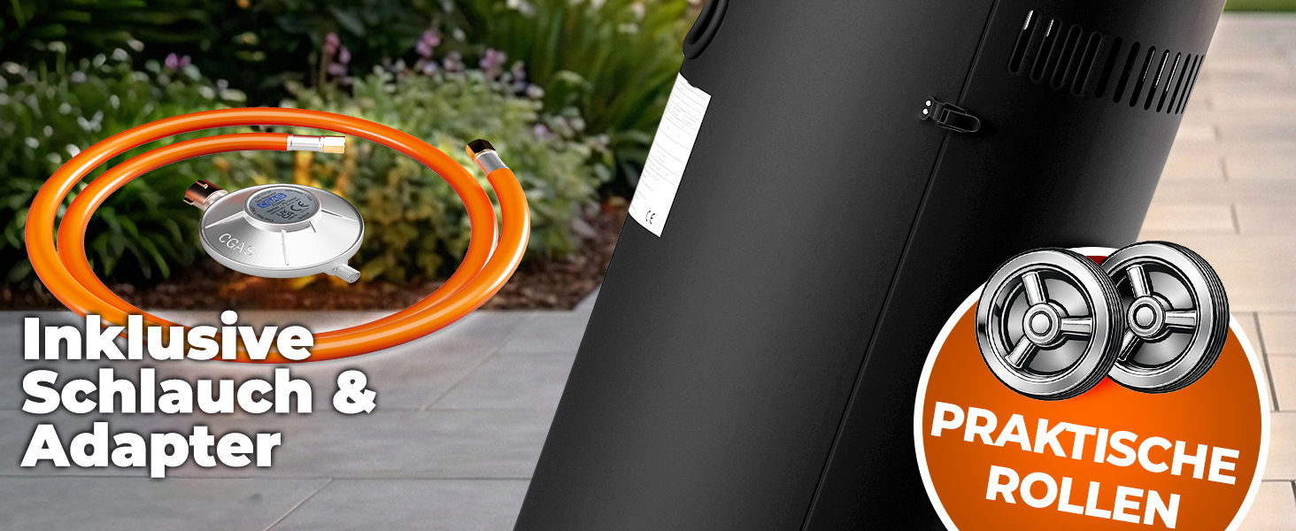 Газовий обігрівач TRESKO® 11 кВт на колесах | Обігрівач для тераси, балкона та саду | Газовий нагрівач-гриб з шлангом та регулятором (сріблястий)