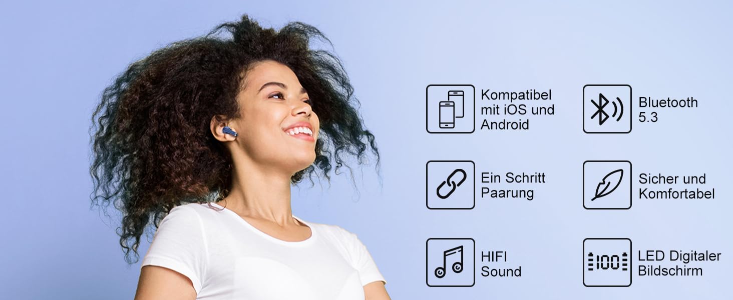 Навушники Bluetooth, Бездротовий 5.3, Шумозаглушення ENC, У вухах HiFi, 40 год, LED, USB-C, для спорту, Синій