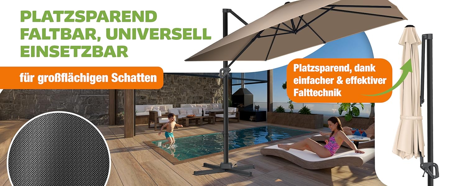 Парасолька від сонця KESSER Ø 350 см, підвісна модель з рукою-кранцем для тераси, балкона та саду, алюмінієвий стійкий каркас, UV-захист, водонепроникна та вітростійка, поворот на 360°, антрацит