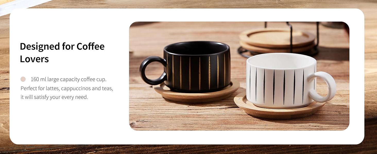 Набір кавових чашок Cappuccino HOME DECOR (4 шт, 160 мл) з підставками та стійкою - 160 мл, Stripe, кераміка