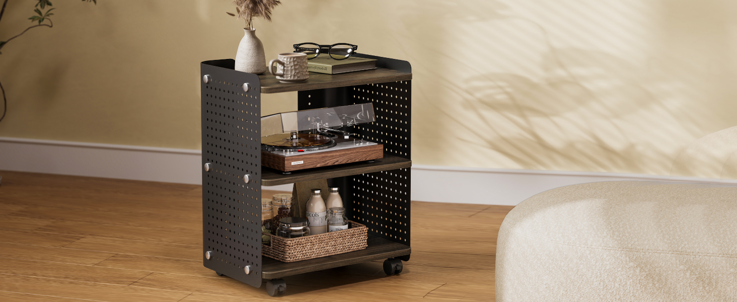 Робочий стіл для принтера Fenge з колесами, мобільний тримач для принтера з перфорованою панеллю, 3 рівні, стійка для принтера/рол-контейнер з органайзером, полиця, шафа для офісу та дому, 45,3x33,5x53,5 см (Коричневий+Чорний)