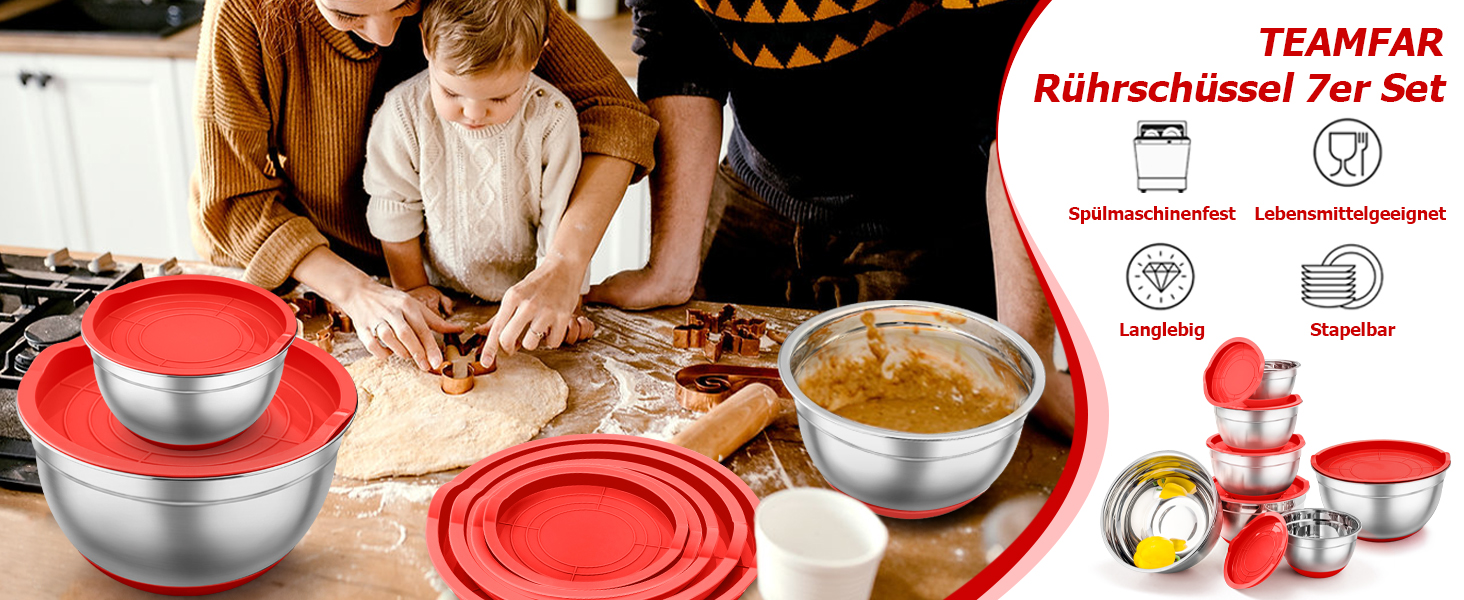 Набір мисок TEAMFAR з нержавіючої сталі: салати, зберігання, приготування їжі. Об'єм: 0.7-6.5 л, з кришкою та силіконовим дном.