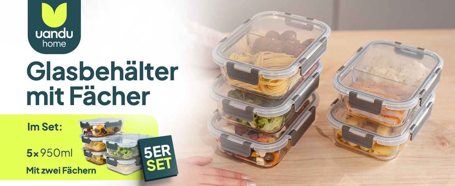 Набір скляних контейнерів для їжі з кришками uandu, 10 предметів, Meal Prep бокси з 2 відділеннями, антрацит