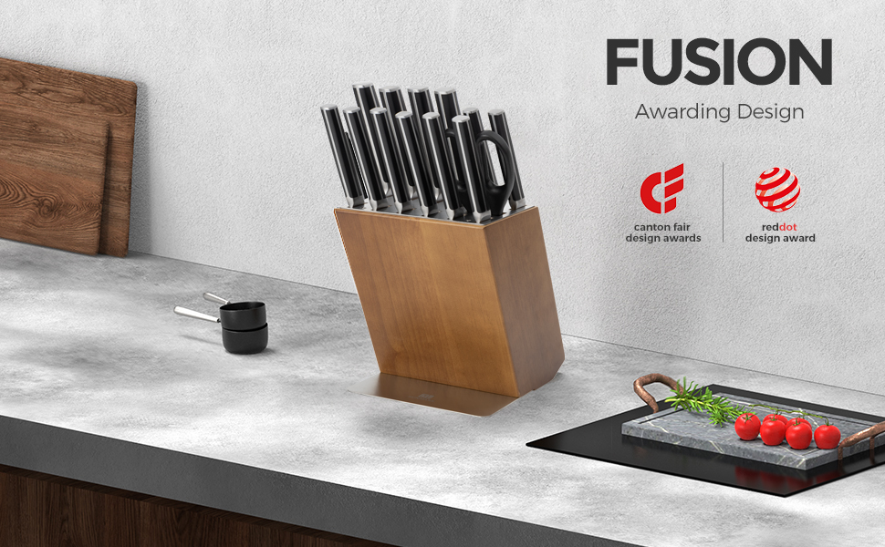 Набір ножів 14 предметів з бруском, кухонний набір ножів з дерев'яним бруском, леза з німецької сталі X50CrMoV15 (шеф-ніж, сантоку, ніж для стейка, ніж для овочів, ножиці). Чорний колір.