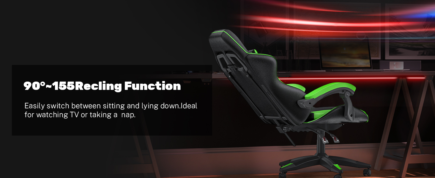 Ігровий крісло Bigzzia - ергономічне комп'ютерне крісло для геймерів з підголівником, RGB підсвічуванням, для підлітків та дорослих (чорно-зелене, без LED)