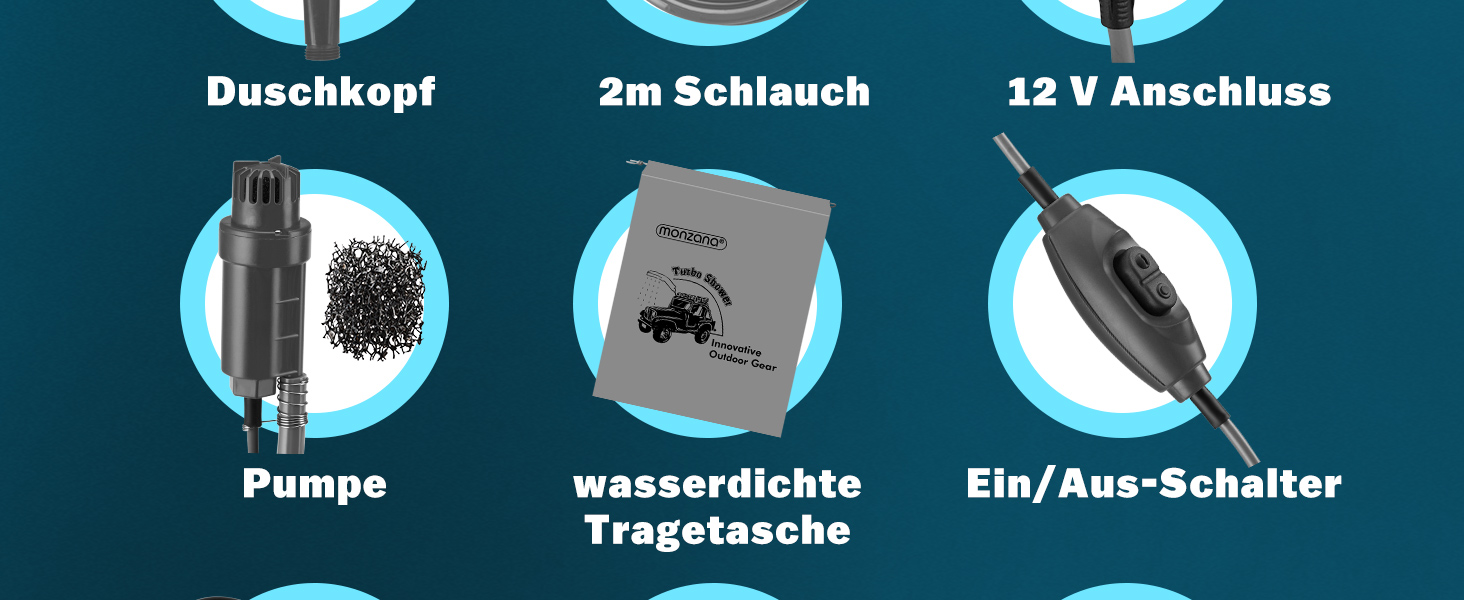 Monzana® Переносна кемпінгова душ з насосом 12V, KFZ-адаптер, сумка для зберігання, 2м шланг, 5м кабель, для авто, собак, саду, антрацит