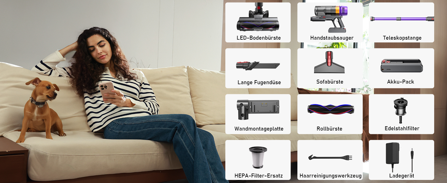 Бездротовий акумуляторний пилосос 50000Pa, 580W, 70 хвилин, 1.8L з дисплеєм, самостійна підставка, док-станція на стіні, антизаплутувальна щітка, 8-рівнева фільтрація, для шерсті тварин/килимів/твердих поверхонь/автомобіля