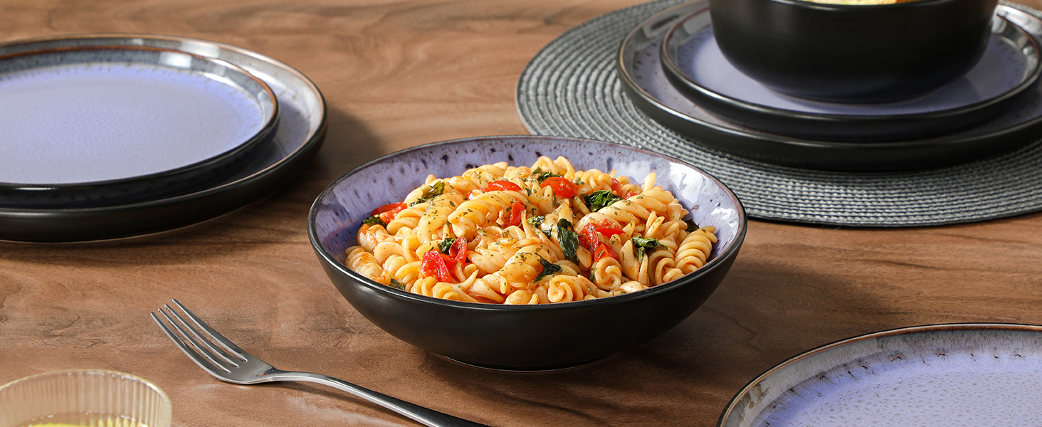 Набір посуду Steingut vancasso AMBER на 6 осіб (24 шт.): тарілки, супові тарілки, десертні тарілки, миски, реактивна глазур, колір фіолетовий, безпечний для миття в посудомийній машині