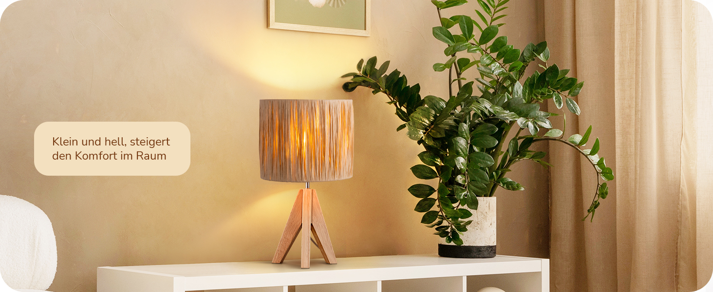 EDISHINE Настільна лампа з ручним плетінням, тепле світло 2700K, дерев'яний штатив, Boho стиль, для спальні, вітальні, готелю, з LED лампою E27 4W, абажур з ротангового паперу