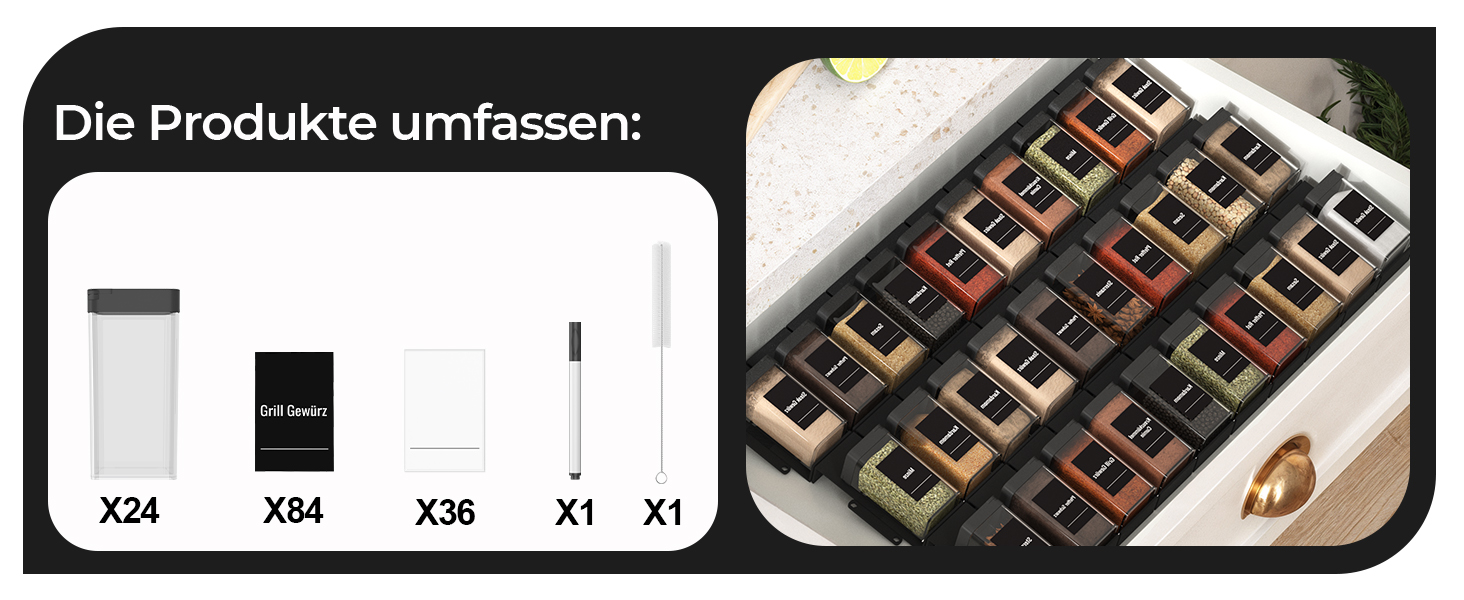 Набір баночок для спецій кутовий [32x 120 мл] з кришкою, стабільний пластик, герметичний дозатор, контейнери для спецій з дозатором, баночки для спецій з 120 етикетками, органайзер для спецій чорного кольору (24 шт.)