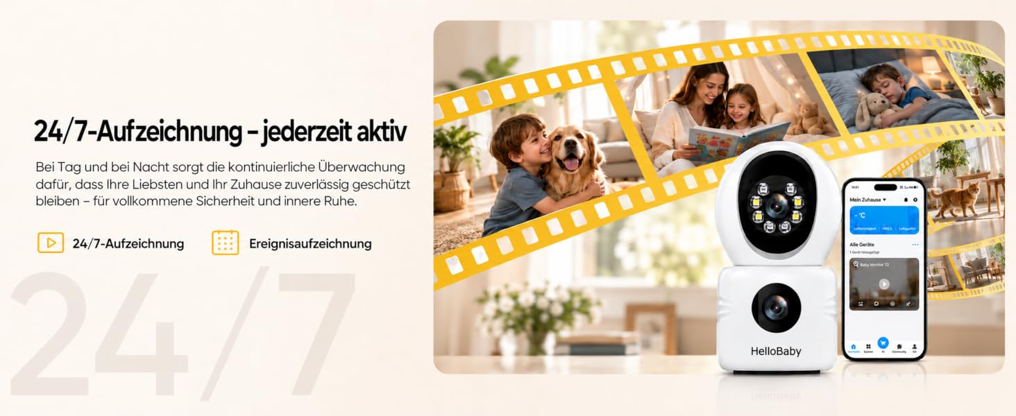 Відеоняня HelloBaby WiFi з камерою, нічним баченням та датчиком руху, двосторонній аудіозв'язок, керування через додаток, підтримка Cloud/SD карти пам'яті (Білий)