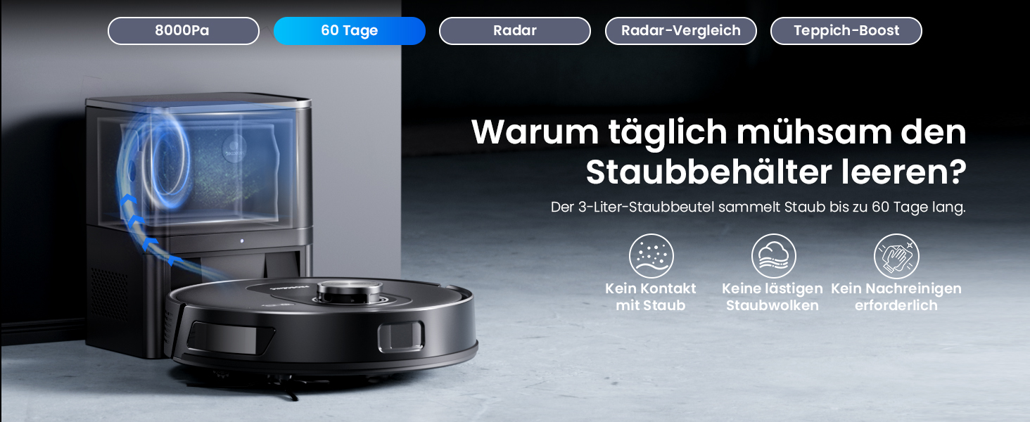 Робот-пилосос Proscenic Q8 Max+ з функцією миття, 8000Pa, 200хв, док-станція для самоочищення, 3л, лазерна навігація, керування через додаток, сумісність з Alexa, Google, Siri, чорний