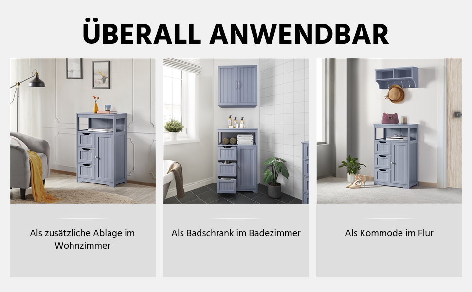 Шафка у ванну кімнату Yaheetech з 3 висувними ящиками та 1 дверцятами, сіра, 55,5 x 29,5 x 86,5 см