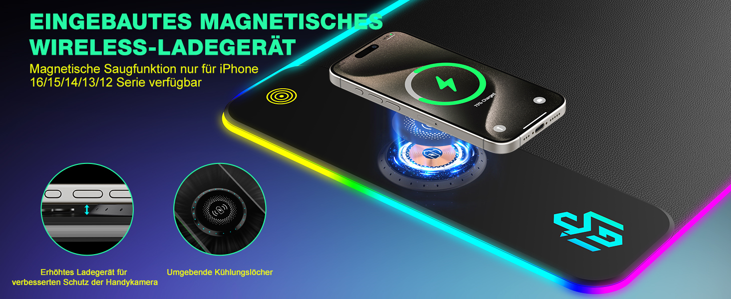 Ігрова підставка для миші RGB з бездротовою зарядкою Qi 15W, LED-підсвічування, 10 режимів, водонепроникна, протиковзна, для геймінгу, ПК, офісу (чорний PU)