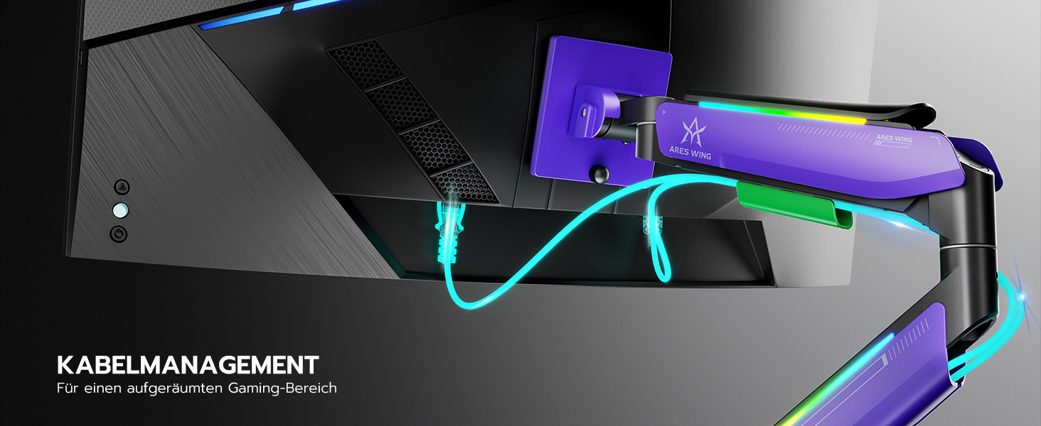 Кріплення для монітора ARES WING Gaming – для моніторів 17-49 дюймів, RGB, витримує до 20 кг, VESA 75/100 мм (фіолетовий)
