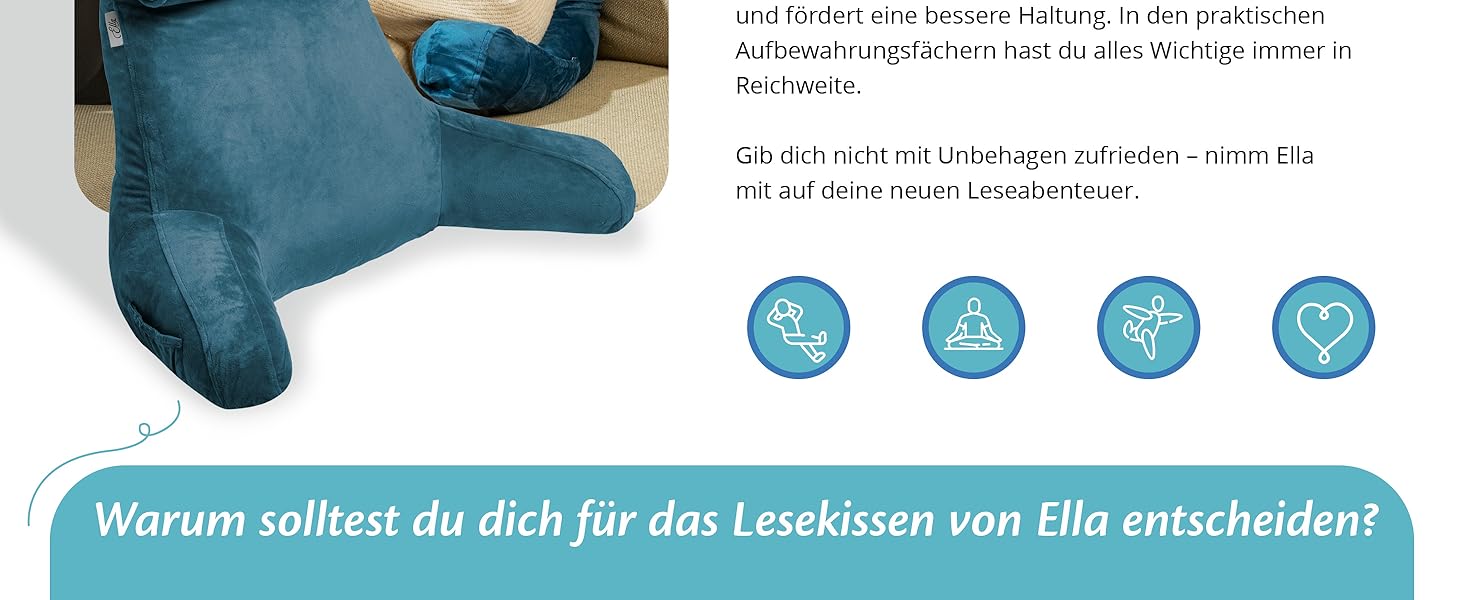 Подушка для читання Ella Lesekissen для ліжка та дивану з знімною подушкою для шиї - спинна подушка для ліжка. Зроблена з піни з пам'яті з підлокітниками, ідеально підходить для читання, перегляду телевізора, відпочинку або як спинна підтримка (Блакитний)
