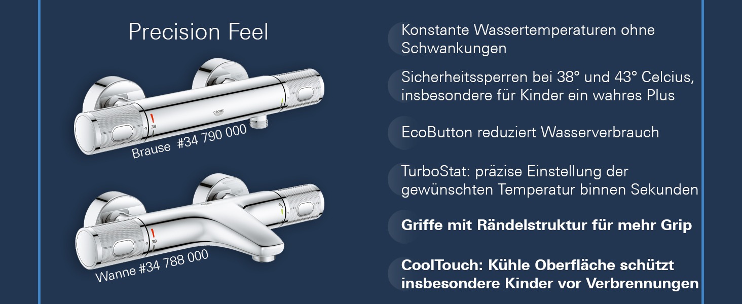 Змішувач для ванни Grohe Precision Feel з термостатом, водозберігаючий, хром, 34788000 Chrome Feel (безпека для дітей, запобіжник 38°C, антиковзні ручки)