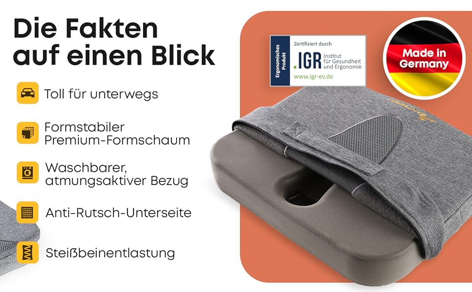 Ергономічна подушка для сидіння з піни Memory Foam (запатентована) для крісла, офісного стільця, автомобіля та інвалідного візка | Ортопедична подушка під спину, чорна