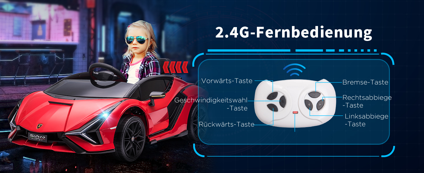 Електромобіль Lamborghini SIAN HOMCOM 12V для дітей, з пультом, музикою (MP3/USB), світлом, металевий, червоний, 108x62x40 см, для дітей 37-60 місяців
