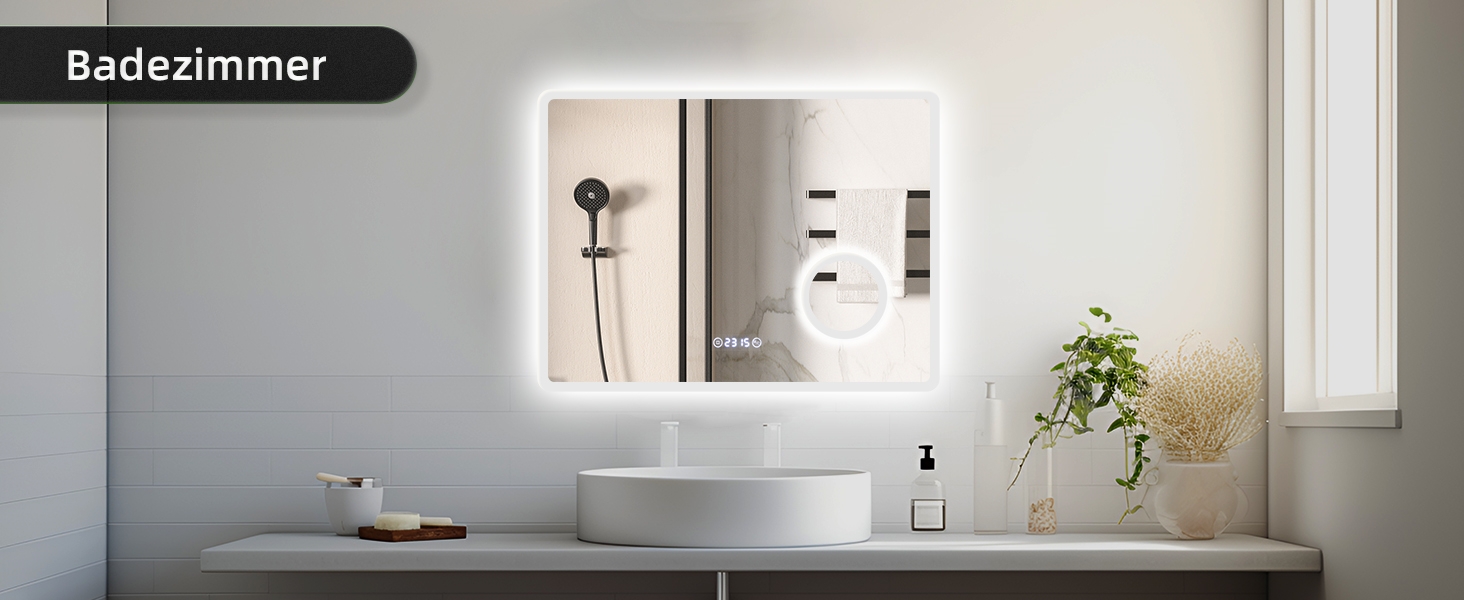 Дзеркало для ванної кімнати з LED-підсвічуванням GIMBELEN 80x60 см, прямокутне, сенсорне управління, регульована яскравість, 3 кольори світла, антизапарник, для вертикального/горизонтального монтажу