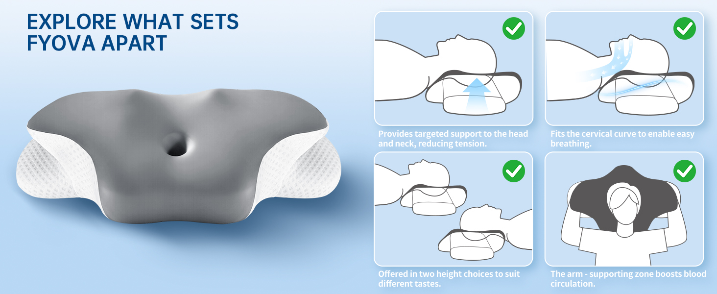 Подушка для шиї з піни Memory Foam, ергономічна для сну на боці, спині, животі, зі знімним чохлом