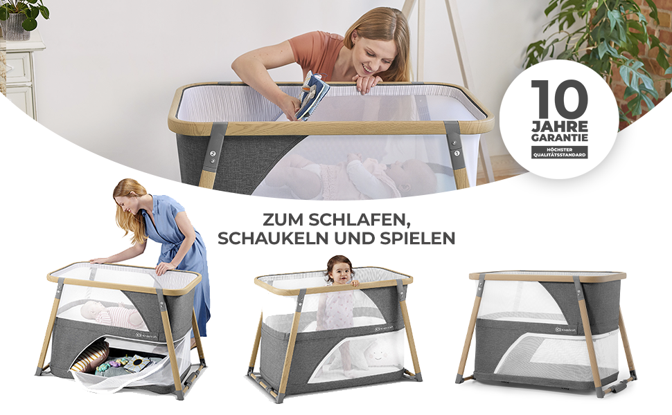 Дитяче ліжко-манеж Kinderkraft SOFI 4 в 1 - сірий, манеж для малюків, туристичне ліжко, ліжко з бічними бортиками, функція бігуна, сучасний дизайн, компактний у складеному стані