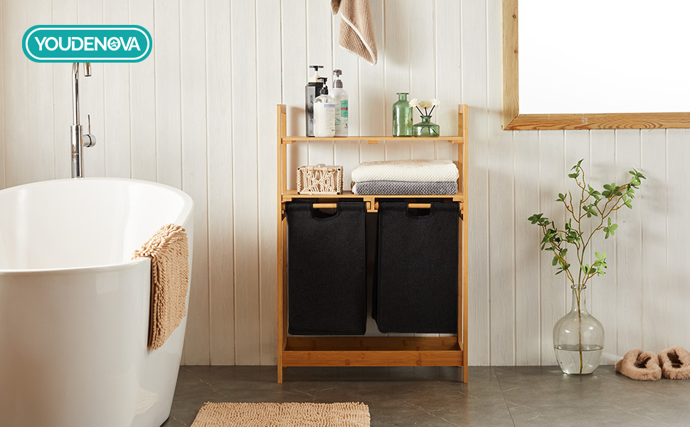 Кошик для білизни Youdenova з бамбукового каркасу, 2 відділення, 2 мішки для білизни, 93x64x33 см, 70 л, чорний
