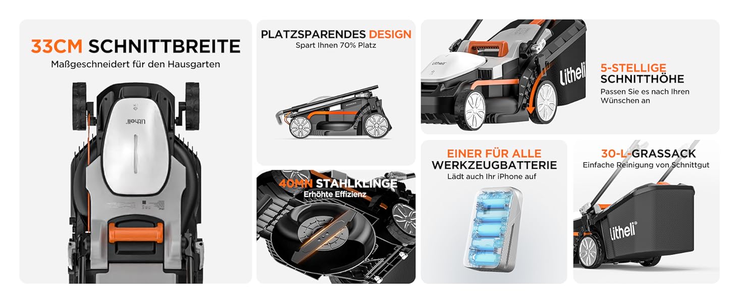 Акумуляторний газонокосарка Litheli 20V, ширина косіння 33 см, до 200 м², об'єм кошика 30 л, висота косіння 25-65 мм, з акумулятором 4.0 Ah