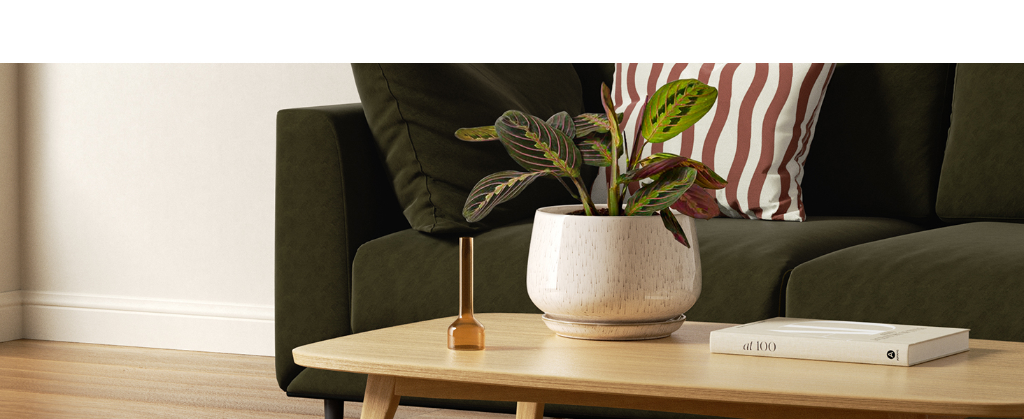 Керамічні горщики LE TAUCI з підставкою, 10+13+16 см, набір 3 шт. для кімнатних рослин, з дренажним отвором, бежева реактивна глазур