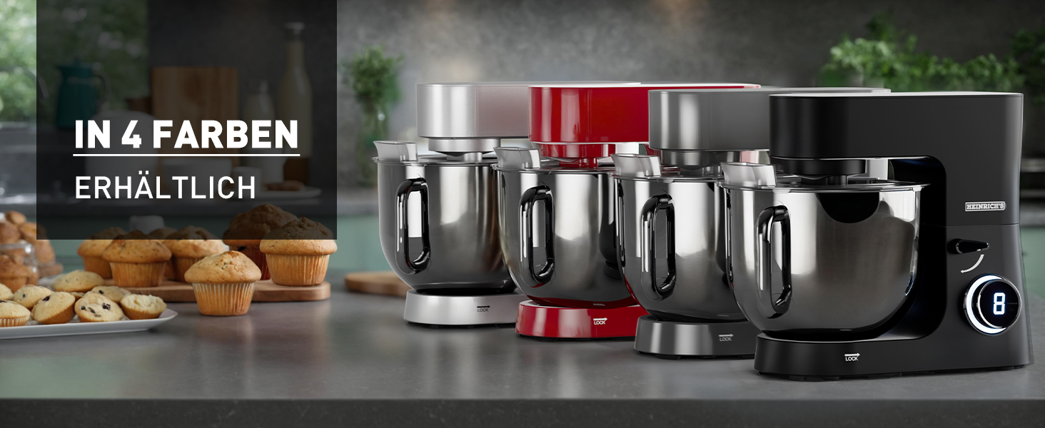 Кухонна машина Heinrichs 2500W з двома гаками для тіста, міксером та насадкою для збивання, 8 швидкостей, чаша 8л з нержавіючої сталі, тиха, з титановим покриттям