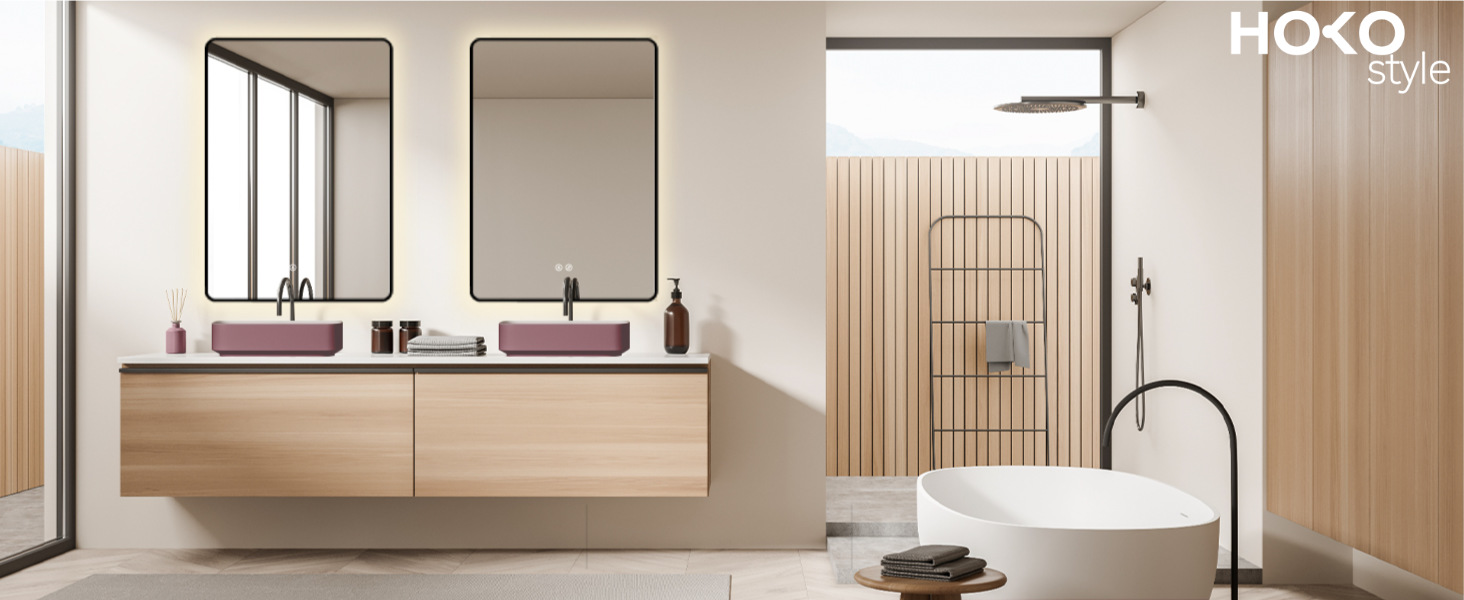 Дзеркало для ванної кімнати HOKO LED Texas 60x80 см / 80x60 см з підсвіткою, підігрівом проти запотівання та чорним металевим каркасом. Можливість встановлення HOCH+QUER. Сенсорне керування, зміна кольору світла 2700-6500K (тепле біле - холодне біле - нейтральне). Розміри: 80x60 см