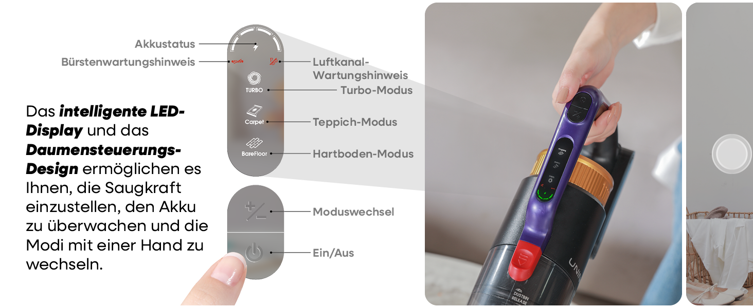 Бездротовий акумуляторний пилосос UNINELL HOME 48000Pa, 550W, 65 хвилин роботи, LED-дисплей, антизаплутувальна щітка, тиха робота, для килимів, твердих підлог та шерсті тварин (фіолетовий)