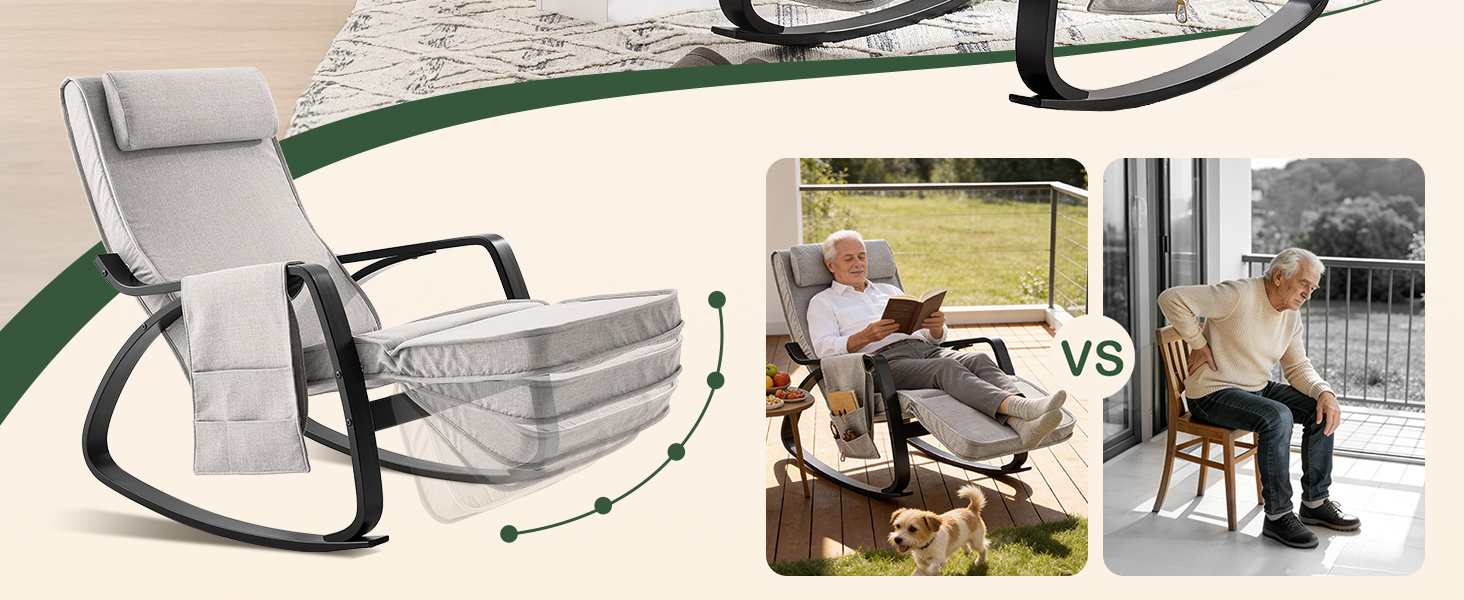 Крісло-гойдалка SoBuy з м'якою оббивкою, підголівником та регульованою підніжкою, сіре - FST20-HG