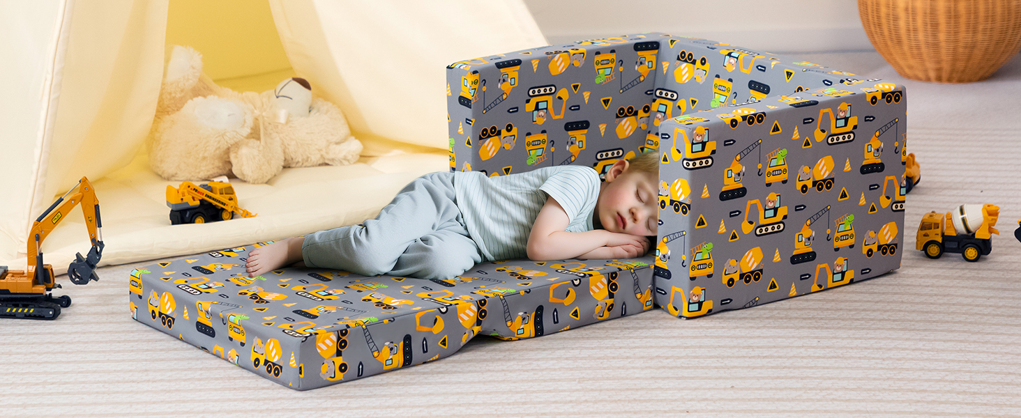 Дитяче диван-ліжко BEJOY 2 в 1: диванчик та крісло, Sherpa, сірий з машинками для дитячої кімнати, подарунок