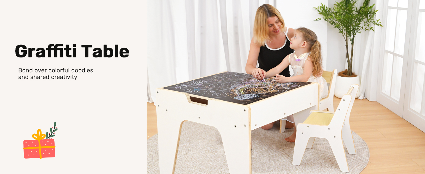 Дерев'яний дитячий набір меблів Wingyz 4-в-1: стіл, 2 стільці, стіл з місцем для зберігання. Ідеально для малювання, ігор та активностей.