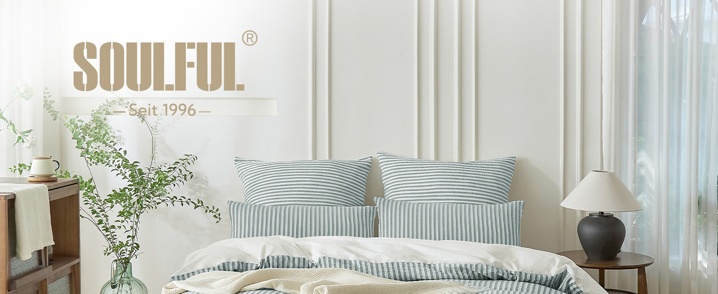 Набір постільної білизни SOULFUL 200x200, бавовна, смугастий дизайн, джакард, екологічна бавовна, бохо стиль, преміум якість, сертифікат Öko-Tex 100, колір деним (темно-зелений & білий), 4-елементний комплект (2x 135*200 см | 2x 80*80 см)