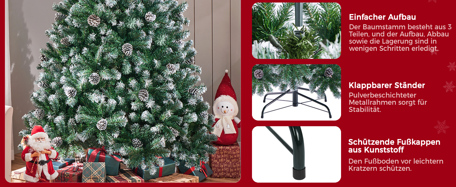 Штучна ялинка Yaheetech зі снігом та 64 шишками, 228 см, 920 гілок, вогнестійка, з металевим підставкою та системою швидкого складання