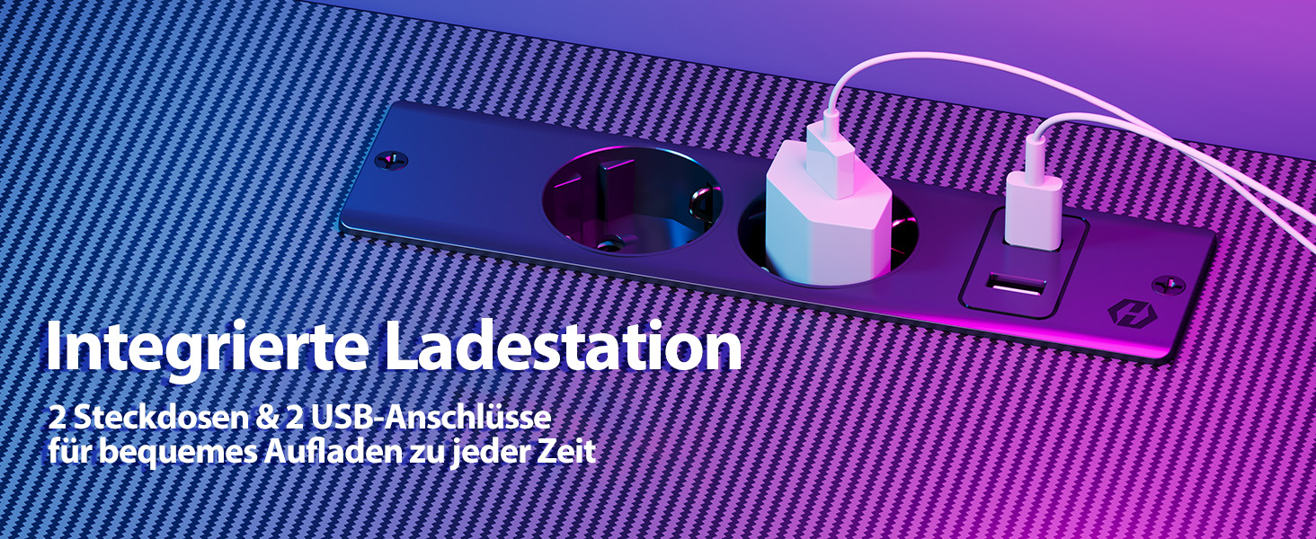 Ігровий стіл SEVEN WARRIOR з LED-підсвічуванням, розетками, моніторний стійка, 2 гачки, L-подібний, 147 см