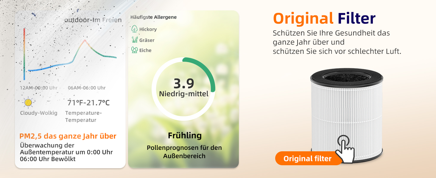 Повітряочисник для великих спалень до 70 м² з CADR 223 м³/год, тихий H13 HEPA повітряочисник з режимом сну 15 дБ, 3-в-1 фільтр видаляє 99,97% пилку, пил, шерсть тварин, запахи
