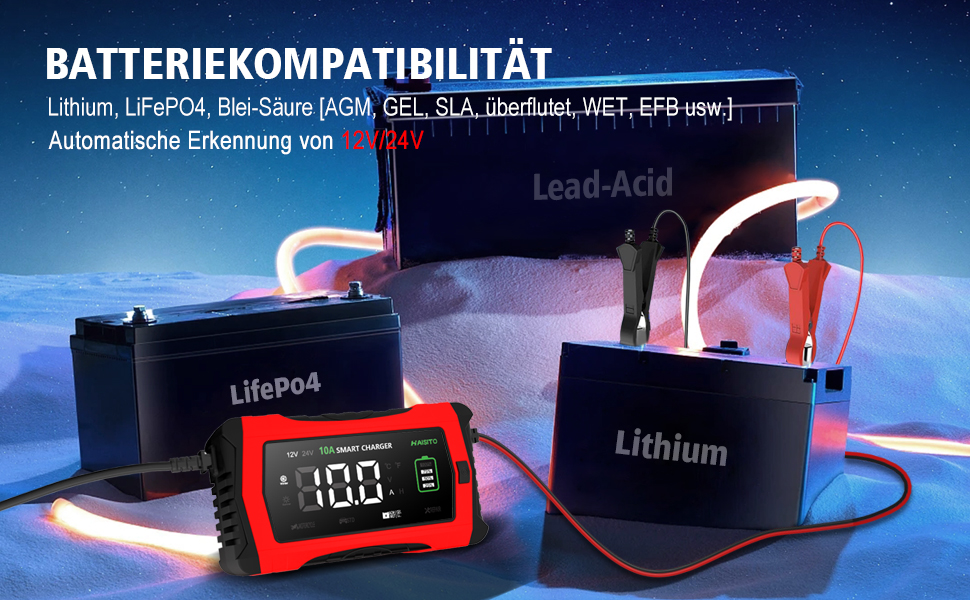 Зарядний пристрій для автомобільного акумулятора Haisito 12V/24V 10A, LiFePO4, LCD, температурна компенсація, струмкова зарядка