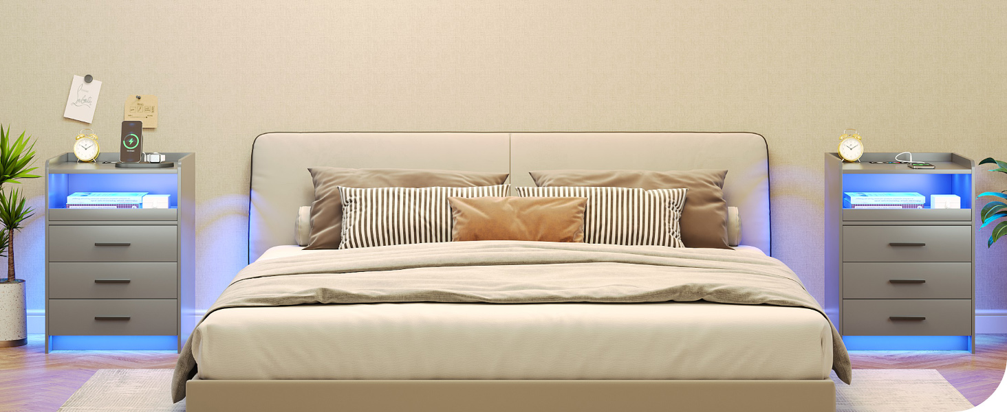 Нічний столик FREDEES з LED-підсвічуванням, ящиком та зарядкою, сірий (2 шт.)