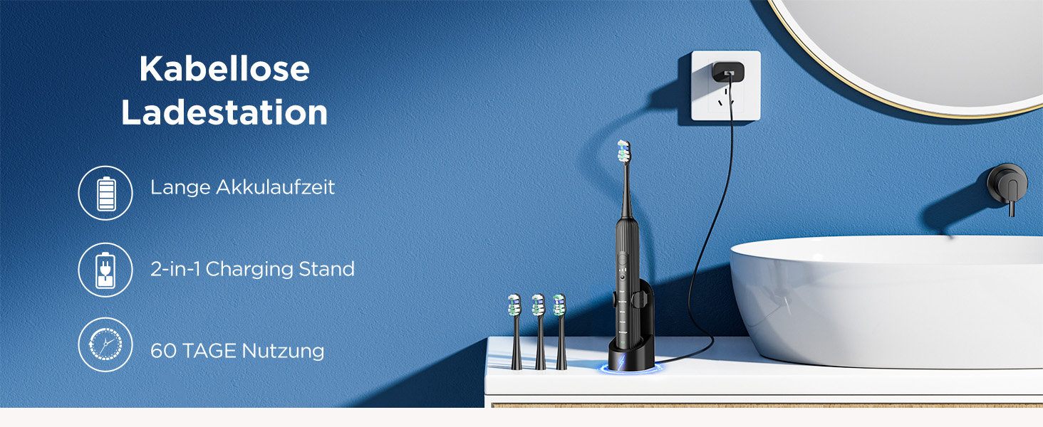 Електрична зубна щітка звукового типу для дорослих та дітей, 5 режимів чищення, 3 інтенсивності, таймер, 8 насадок, чорна, 1 шт.