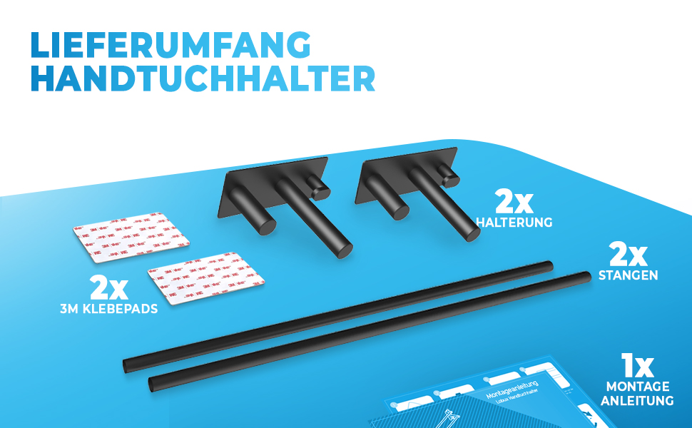 Тримач для рушників без свердління, чорний, 80 см, нержавіюча сталь, подвійний, самоклеючий, з 2 гачками, для ванної кімнати, душової кабіни, кухні